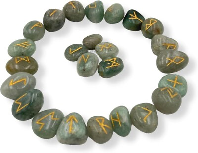 #ad Green Aventurine Crystal Runes Set of 25 Engraved Rune Stones with Velvet Pouch $14.00