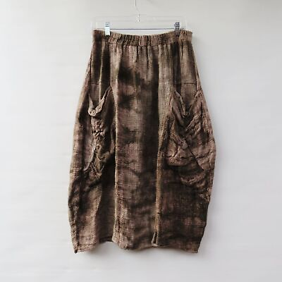#ad Luukaa Womens Lagenlook Brown Beige Tea Linen Peasant Midi Skirt Size 16