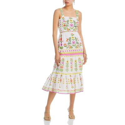 #ad Banjanan Womens White Summer Floral Print Tea Length Sundress XL BHFO 4638