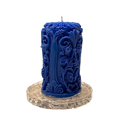 #ad Handmade Gift Carved Deep Blue Tower Candle 4quot; Tall Birthday Present