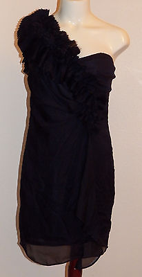 #ad NWT Very J One Shoulder Dress Navy Blue Size Small Ruffle Assymetrical Club Prom