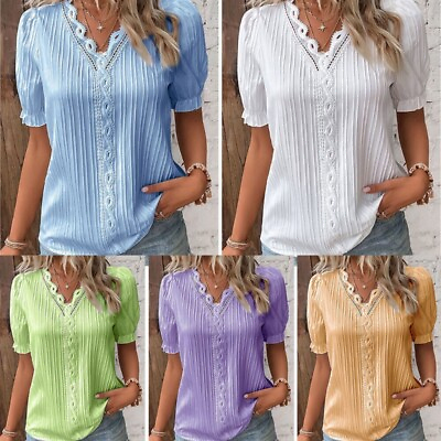 #ad Women#x27;s Summer V neck T shirt Ladies Casual Shirt Short Sleeve Tunic Tops Blouse