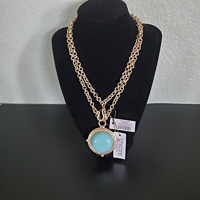 #ad Chicos Reversible Aqua Stone Coastal Sea Turtle Round Pendant Chain Necklace 34quot; $17.99