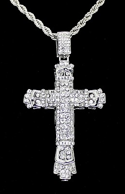 #ad Mens Large Icy CZ Cross Pendant White Gold Plated 24quot; Rope Hip Hop Necklace