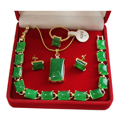 #ad Green Jade 18K Gold Plated Pendant Necklace Bracelet Earrings Ring Jewelry Sets