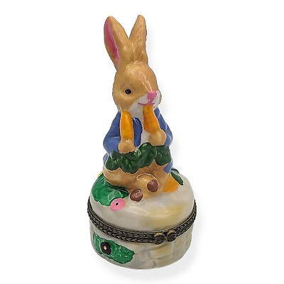 #ad Porcelain Hinged Trinket Box Bunny Rabbit Easter Adorable Peter Carrot Garden 4quot;