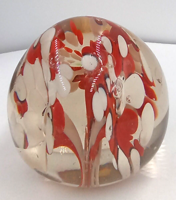 #ad Murano Style Glass Paperweight Clear Floral Egg Shape Art Glass White Red Vtg