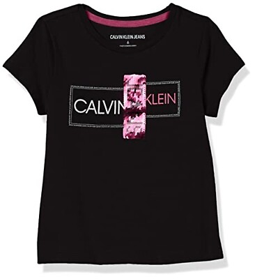 #ad Calvin Klein Big Kids Girls Black T Shirt Logo Sequin Tee 6X