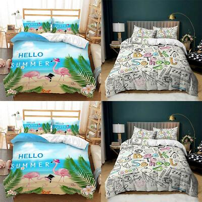 #ad Cartoon Summer Beach Flamingo Quilt Duvet Cover Set Bedspread King Pillowcase