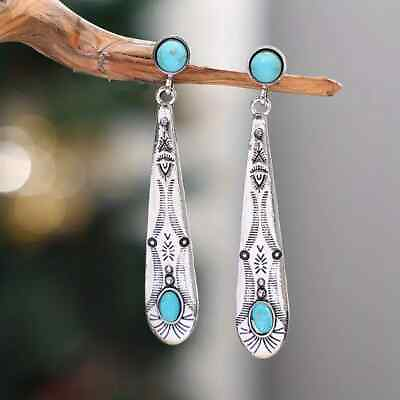 #ad Carved Long Silver Plated Turquoise Decor Dangle Earrings Retro Ethnic Party New