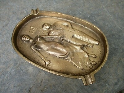 #ad Antique Brass Ashtray Funny Saucy Rascality Roguery See Two Sides Dialog
