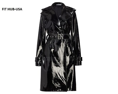 #ad Black Patent Leather Trench Coat Women PU VINYL Shining Black Long Coat