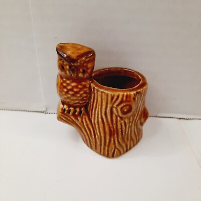 #ad Vintage Ceramic Owl amp; Tree Stump Toothpick Holder *Has Small Chips SEE PHOTOS