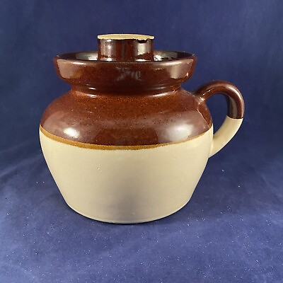 #ad Vintage Kitchen Bean Pot Stoneware Handle Lid Brown White Ivory Ceramic
