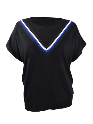 #ad DKNY Women#x27;s Metallic Tri Stripe T Shirt XL Black Multi