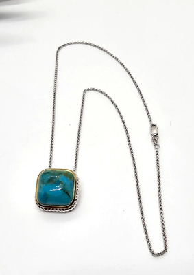 #ad Two Tone Sterling Silver Chapel Zenray Turquoise Pendant W 18quot; Chain Signed NF