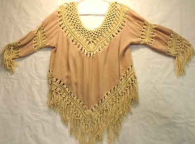 #ad UMGEE USA Womens Crochet Fringe Frayed Bohemian Tunic Top Size L Tan Beige