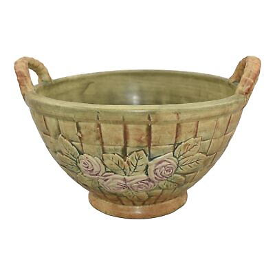 #ad Weller Flemish 1920s Vintage Art Pottery Red Floral Roses Green Ceramic Basket