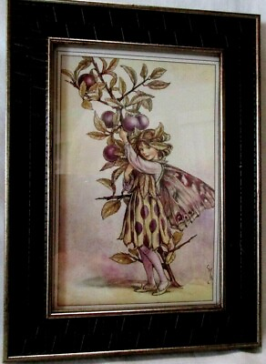 #ad Purple Plum Fairy Brown Framed Card 5.5quot; X 3.5quot; Print by Cicely Mary Barker 1991