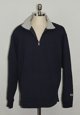#ad Champion Authentic Sweatshirt Half Zip Pocket Navy Blue Solid Gray Casual XL EUC