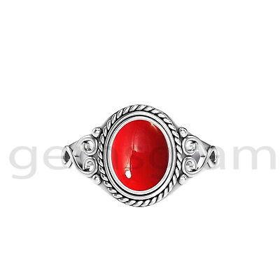 #ad 925 Sterling Silver Red Coral Handmade Oval Shaped Elegant Ring For Christmas