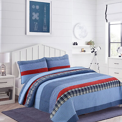 #ad Navy Red Denim Plaid 100%Cotton Quilt Set Bedspread Coverlet
