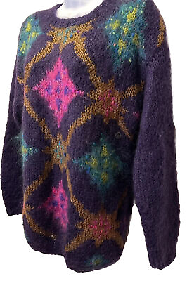 #ad NOS VTG Michelle Stuart Size L Purple Geometric Fuzzy Mohair Crewneck Sweater