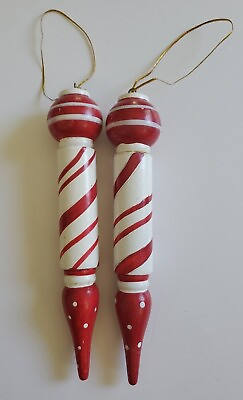 #ad Vintage Christmas Tree Ornaments Wood Red White Striped Candy Cane 7”