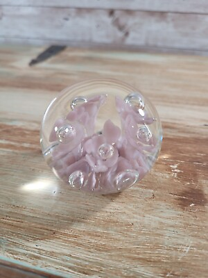 #ad Vintage Paperweight Maude and Bob St. Clair Pink Flower Bubbles 1983 Art Glass