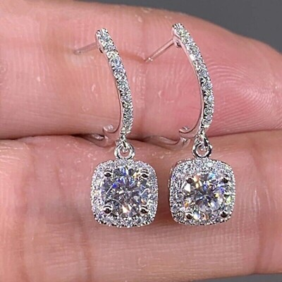 #ad 4Ct Round Cut Lab Created Diamond Women#x27;s Dangle Earring 14K White Gold Plated