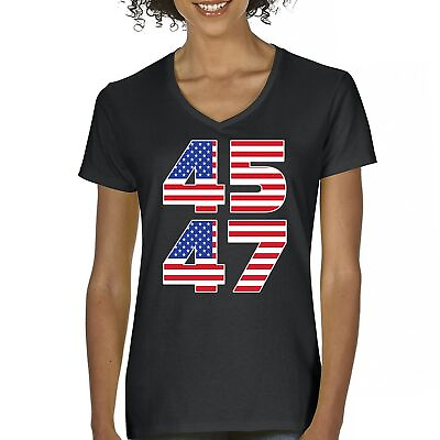 #ad Donald Trump 45 47 Women#x27;s V Neck T shirt President MAGA America First FJB Tee