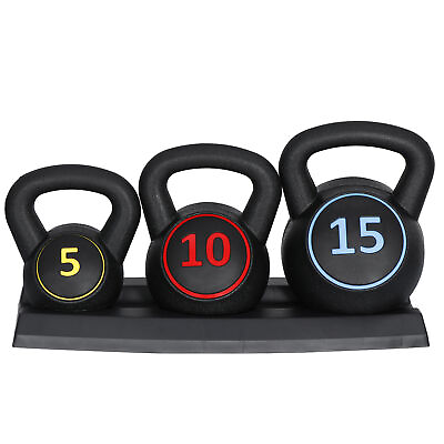 #ad 3 Piece Kettlebell Set with Storage Rack 5lb 10lb 15lb Weight for Home Gym
