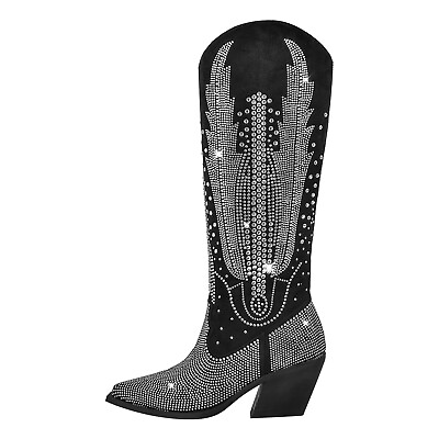 #ad Onlymaker Gorgous Sexy Cowboy Cowgirl Rhinestone Embellished Western Boots Black