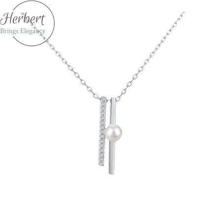#ad Original S925 Silver Long White Pearl Necklace Chic Diamond Inlaid Women