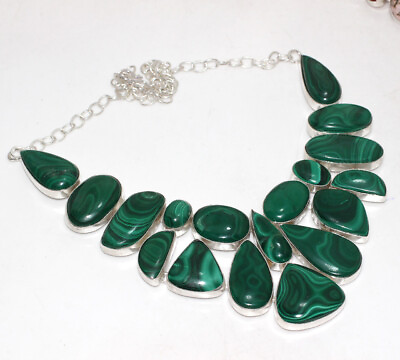 #ad 925 Silver Plated Malachite Ethnic Big Cluster Gemstone Necklace Jewelry 17quot; GW