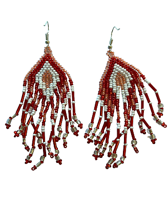 #ad Fashion Seed Bead Earrings long dangling strands red white pink