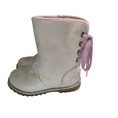 #ad Ugg Boots Youth 10 C Corene Silver Metallic Winter Toddler Pink Laced Back Warm