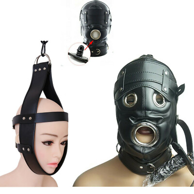 #ad SM PU Leather Head Hood Blindfold Open Mouth Gag Suspension Head Harness Bondage
