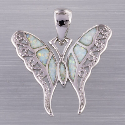 #ad Hollow Butterfly White Fire Opal Silver Jewelry Necklace Pendant
