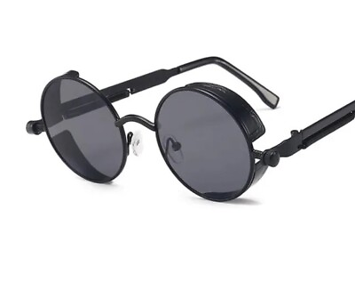 #ad Dollger John Lennon Round Sunglasses Steampunk Metal Spring Frame Black Lenses