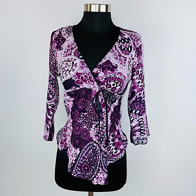 #ad A Byer Polyester Purple Black Bohemian Criss Cross Women#x27;s Medium M Top