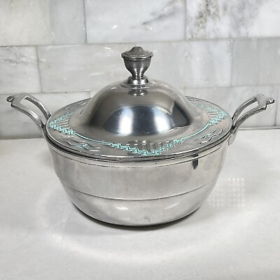 #ad Vintage Wilton Armetale Zia Hollowware Dish w handles amp; Lid Turquoise Decor