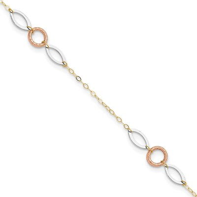 #ad 14k Tri color Gold Circle and Oval 9in Plus 1in ext. Anklet for Women 1.34g