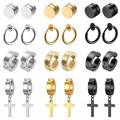 #ad 12 Pairs Stainless Steel Magnetic Non Piercing Studs Cross Dangle Hoop Earrings