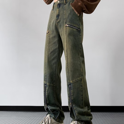 #ad Vintage Zipper Jeans Mens Wash Straight Leg Micro Flared Pants Street Denim Pant