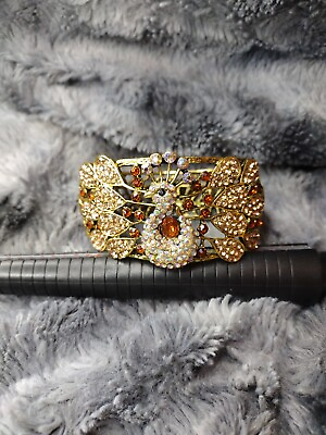 #ad Peacock Bracelet Hinged Bangle Cuff Multicolor Rhinestone Huge VTG Design Jewelr