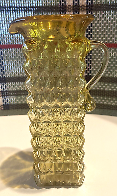 #ad Amber Art Glass Square Pitcher Vase Diamond Pattern 6quot; Applied Handle VINTAGE