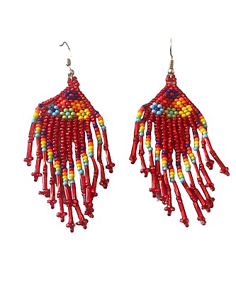 #ad Fashion Seed Bead Earrings dangling strands flowers red yellow blue green