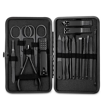 #ad 18 PCS Classic Black Manicure Set Hand Feet Facial Stainless Steel Accessories