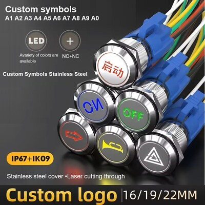 #ad 10Pcs A1 A2 Custom 19mm SPDT Maintained Stainless steel Button LED Symbol Button
